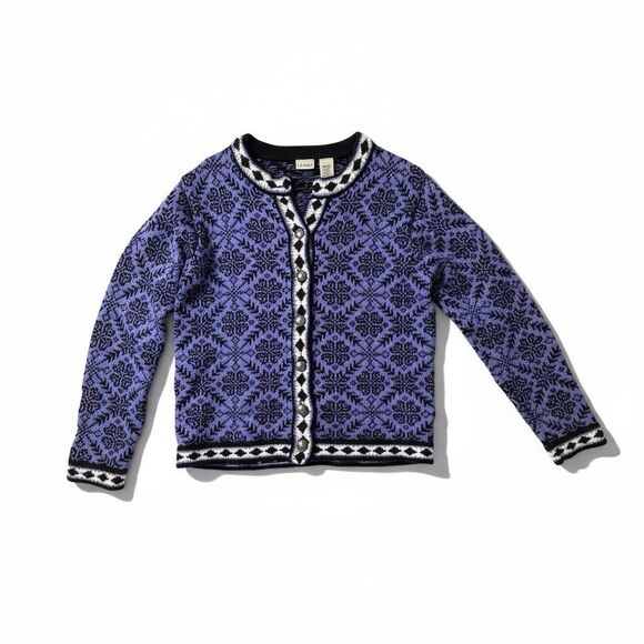 L.L. Bean Sweaters - Vintage L.L. Bean Blue Black Nordic Snowflake Wool Cardigan Sweater USA Medium